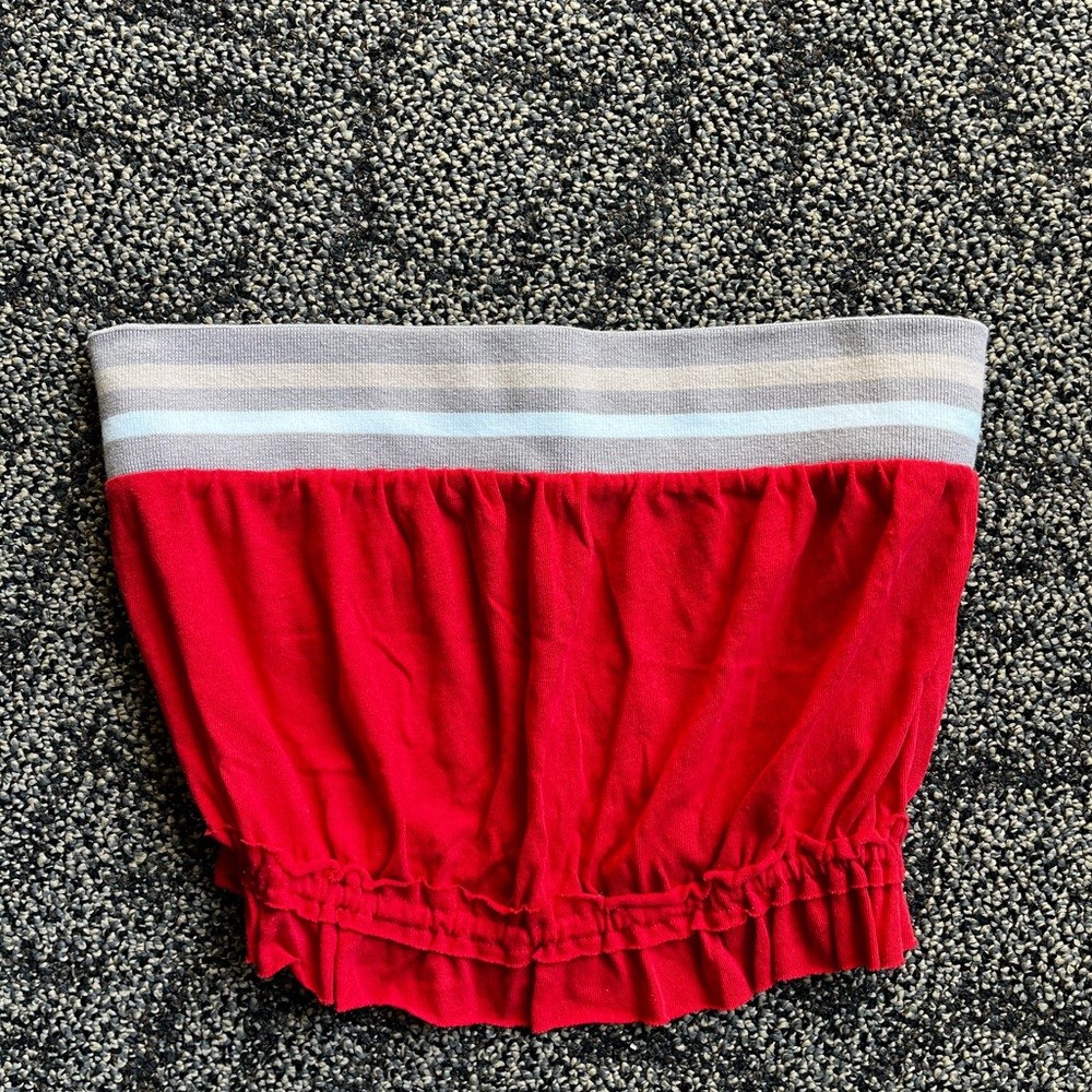 We the Free Womens Red Bandeau Tube Top Size XS Smocked Ruffle Hem Stripe